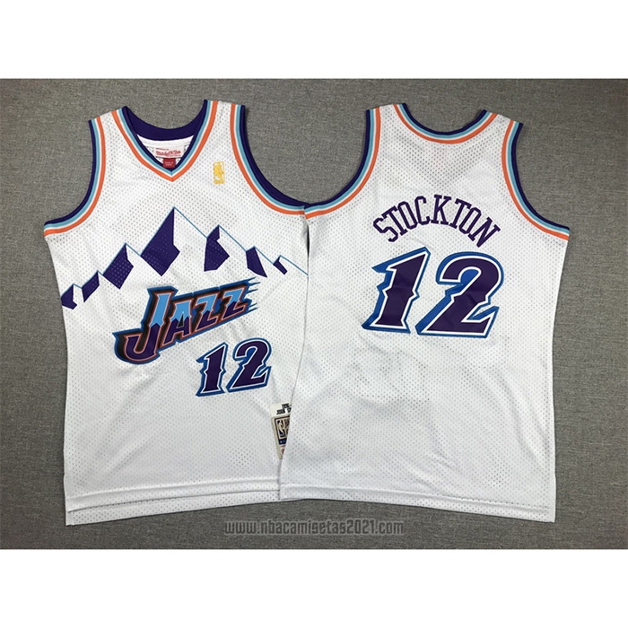 Camiseta Nino Utah Jazz John Stockton #12 Hardwood Classics Throwback 1996-97 Blanco